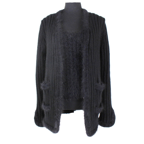 Chanel Angora Tank Cardigan Set CC Black Wool Ribbed Swater Knit 2 Pc Set Sz 40 - Picture 1 of 11